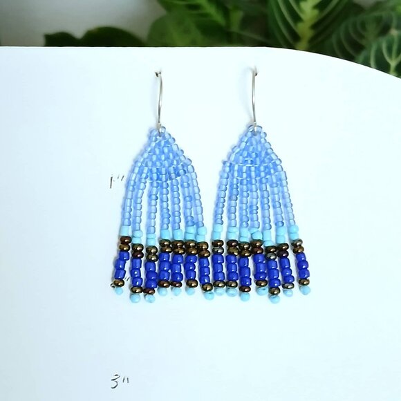 Blue Beaded Fringe Dangle Earrings, 2" - Picture 6 of 6